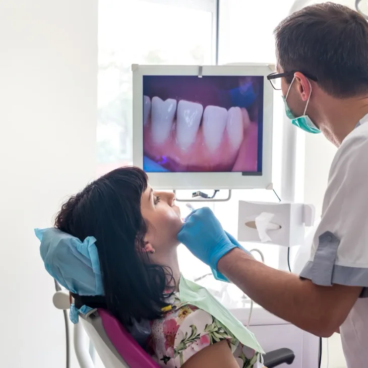 A dentist pointing out a patient's teeth on the chairside screen