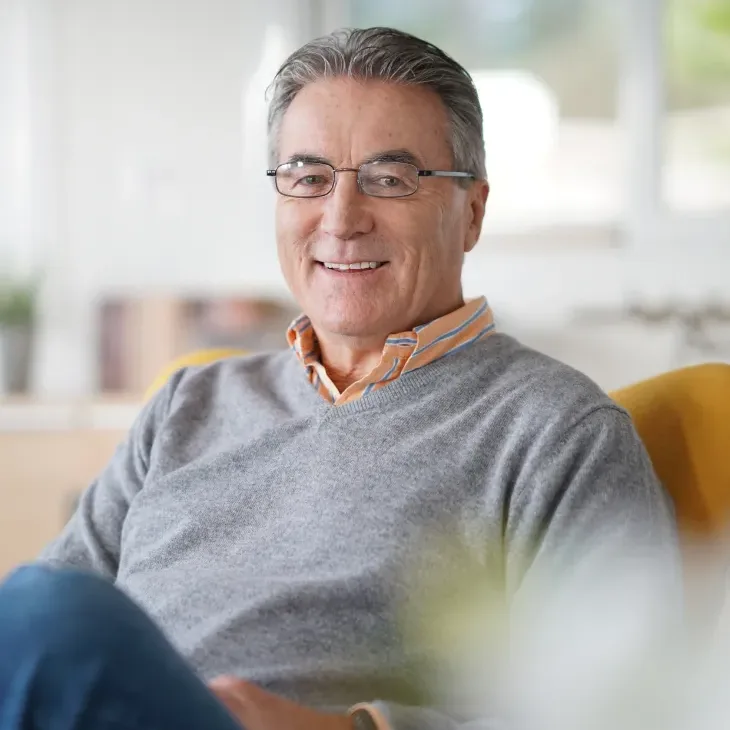 A smiling older man with glasses resting his hand on his forehead