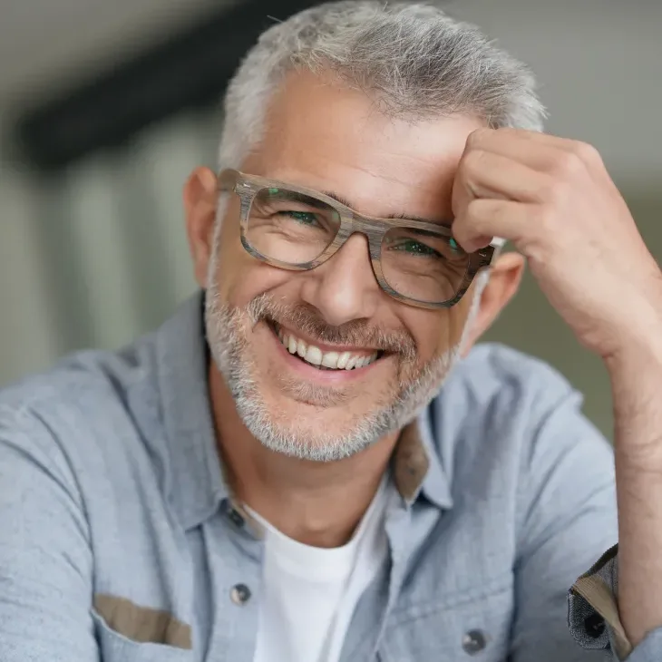 A smiling older man wearing glasses, seated at home