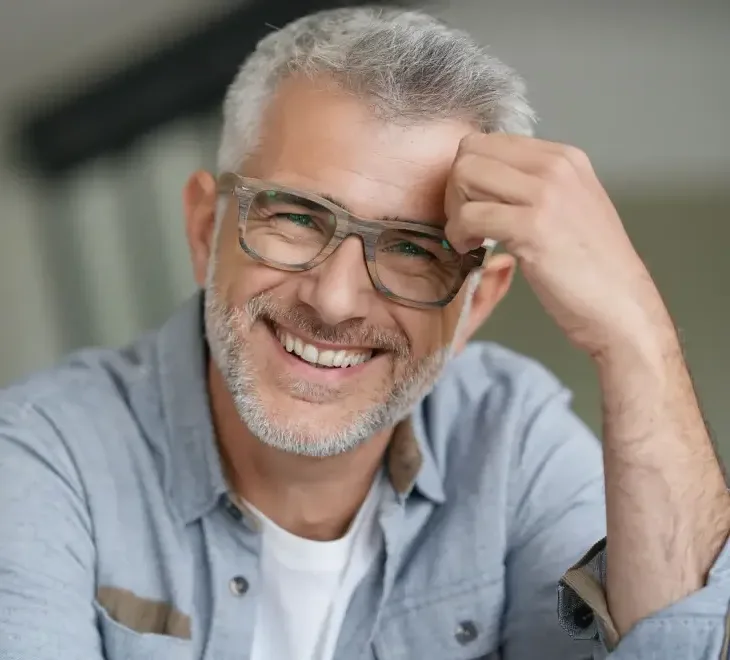 A smiling man with grey hair and glasses, hand resting against his head