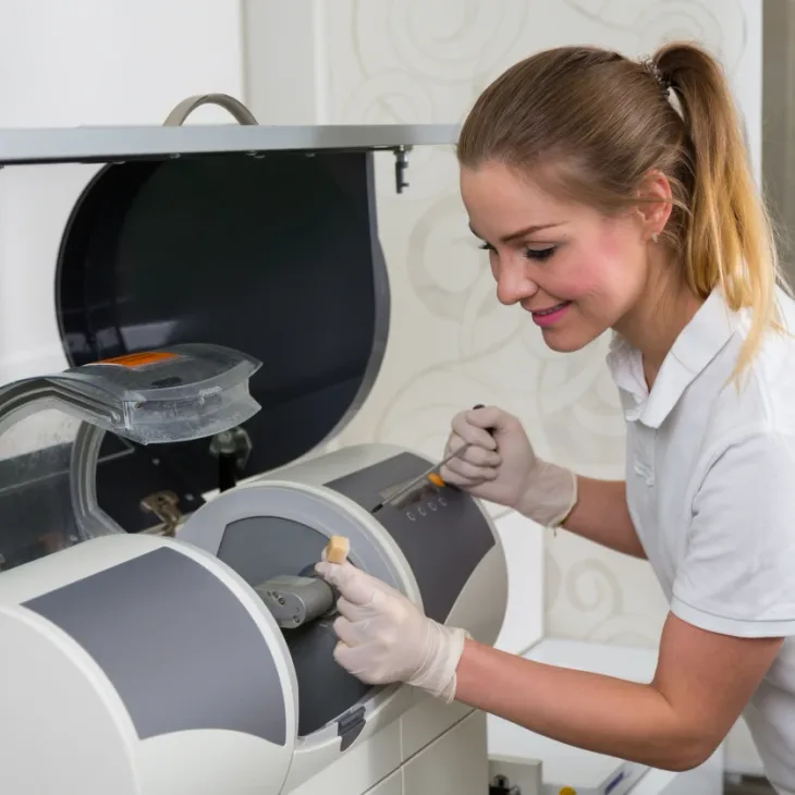 A dental technician loading a milling machine in the lab