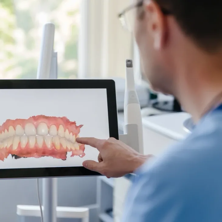 A dentist pointing at a 3D model of a patient's teeth on a monitor