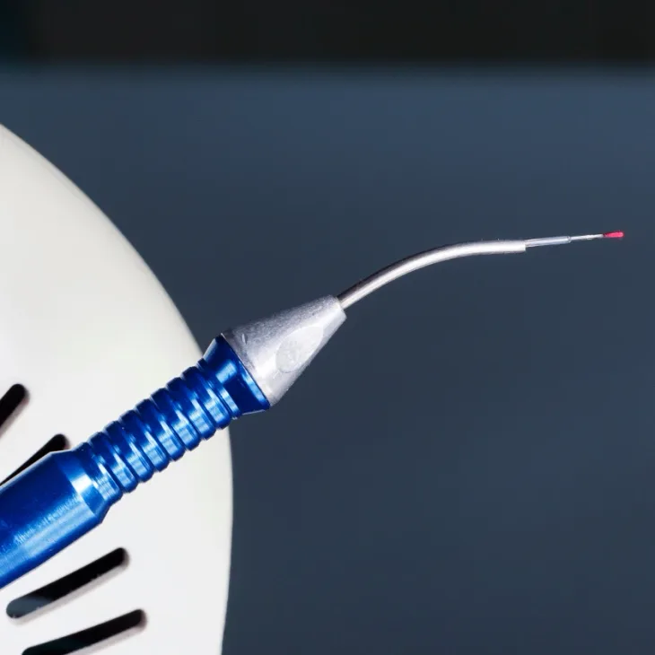 A dental laser handpiece resting on a tray