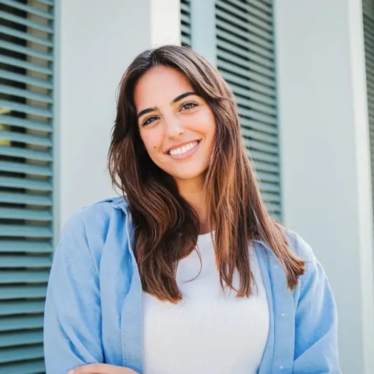 A smiling woman outdoors in a blue jacket