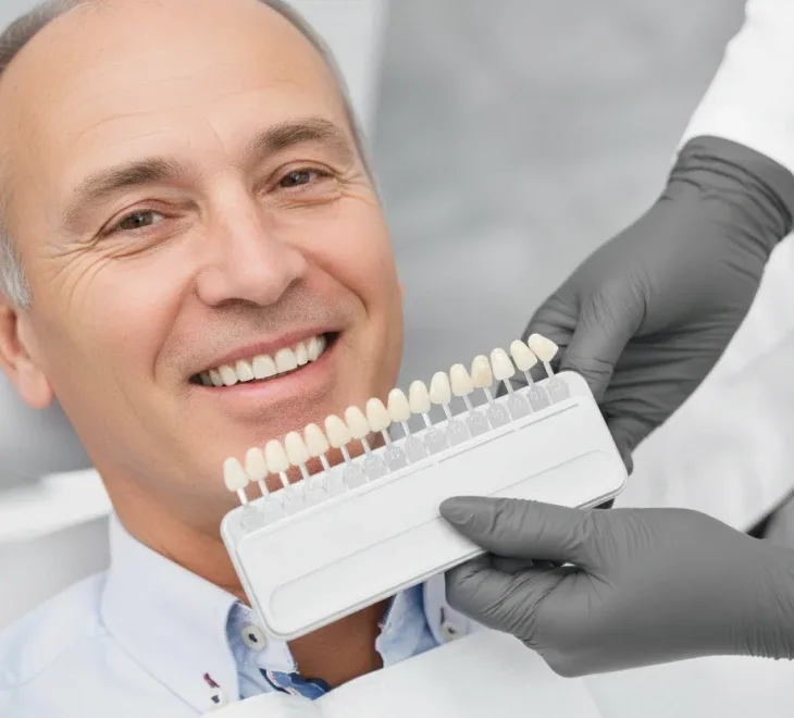A shade guide held up beside a man's smile